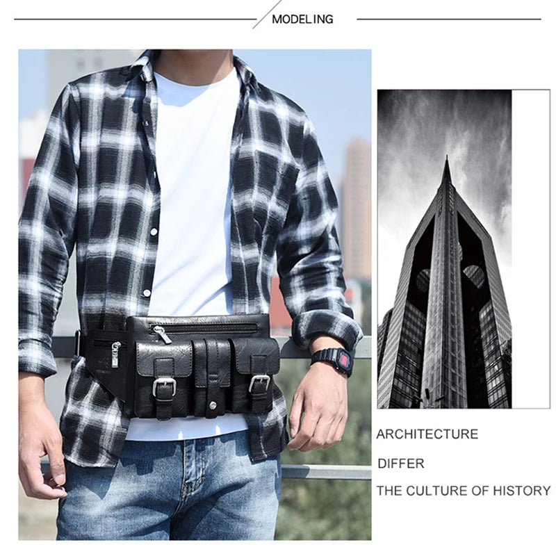 Waist Pack Chest Bag for Man PU Leather Wallet Hip Sack Fanny Pack Cross Shoulder Necessaire Crossbody Side Men'S Belt Bag Male