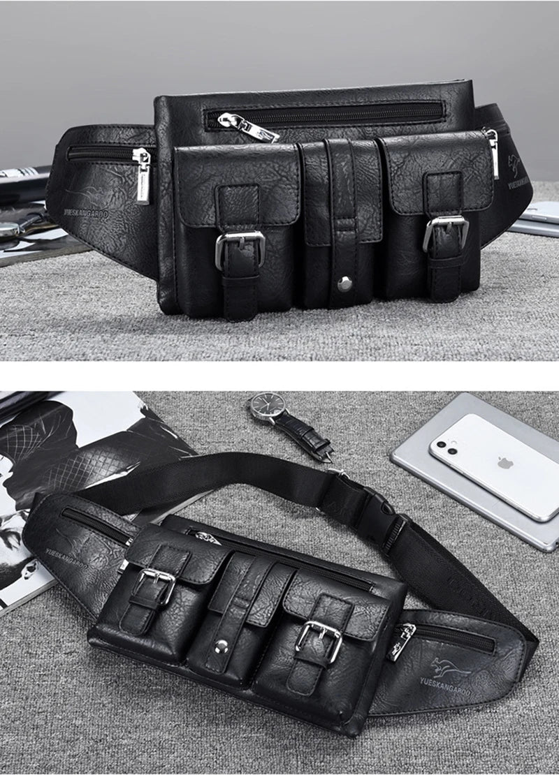 Waist Pack Chest Bag for Man PU Leather Wallet Hip Sack Fanny Pack Cross Shoulder Necessaire Crossbody Side Men'S Belt Bag Male