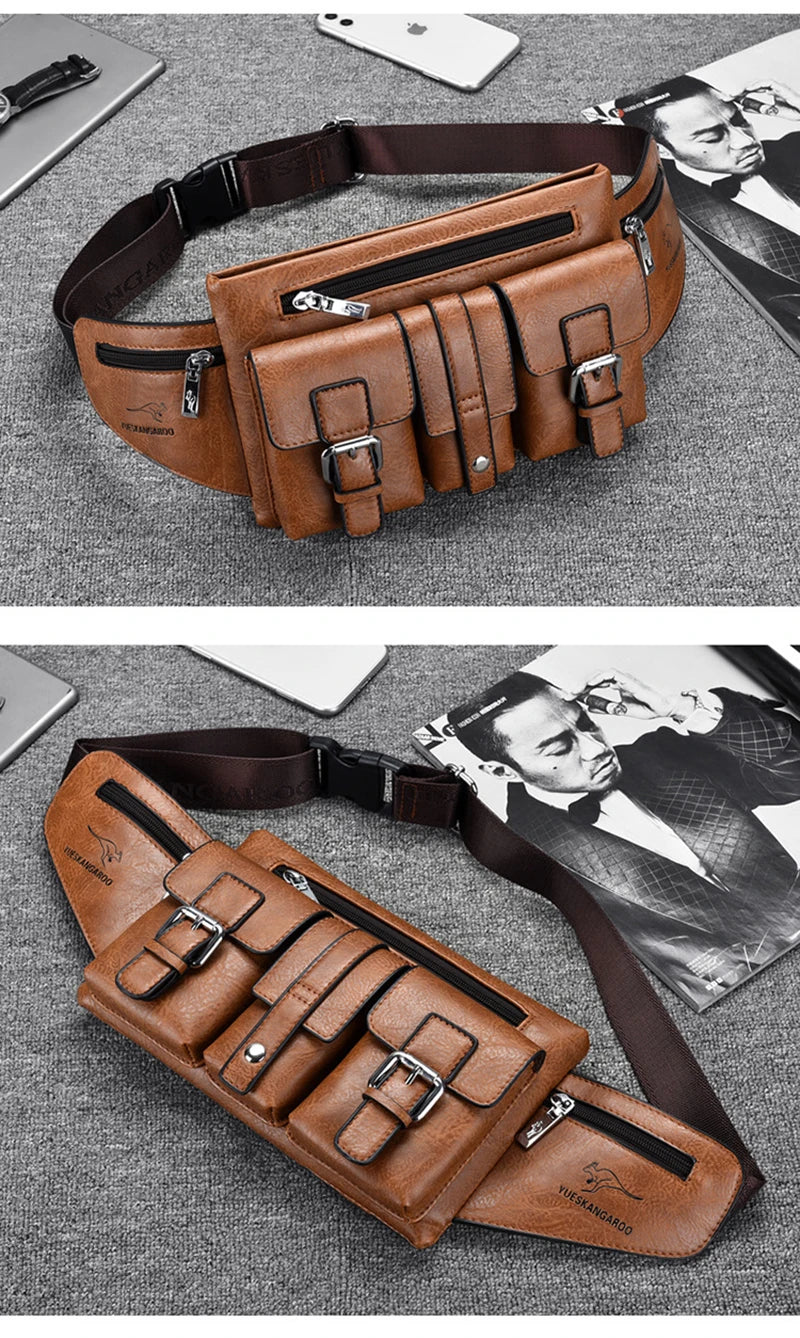 Waist Pack Chest Bag for Man PU Leather Wallet Hip Sack Fanny Pack Cross Shoulder Necessaire Crossbody Side Men'S Belt Bag Male