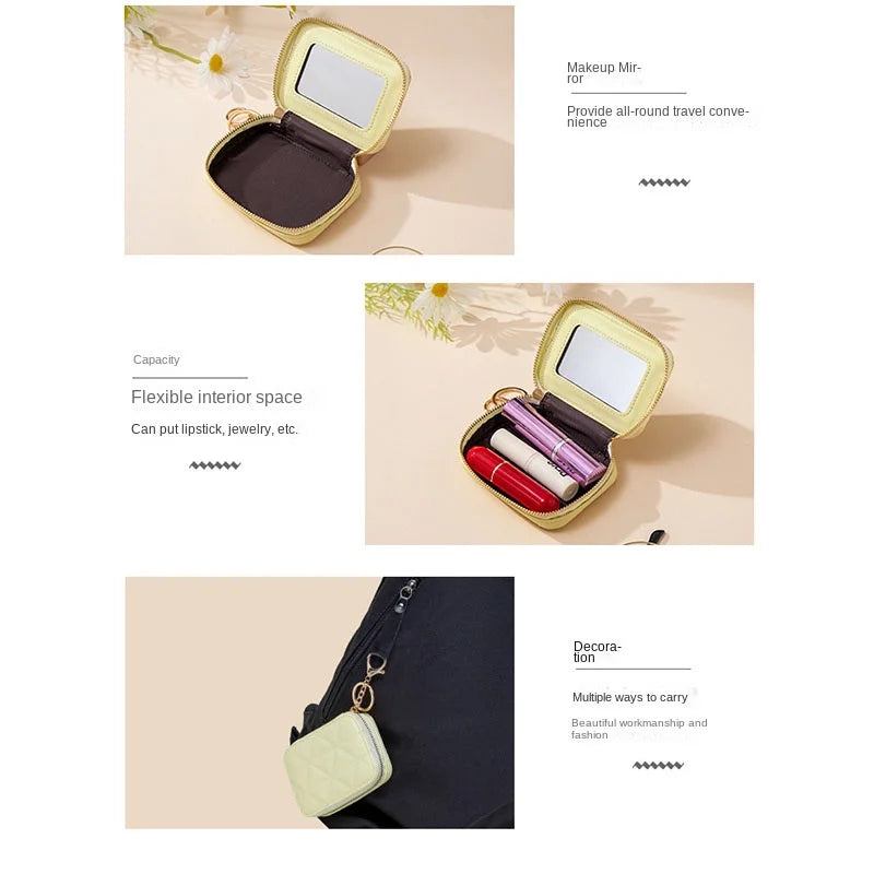 Lipstick Bag Genuine Leather Makeup Case Mini Purse Organizer Women Cosmetic Bag Mirror Lipstick Pocket Coin Wallet