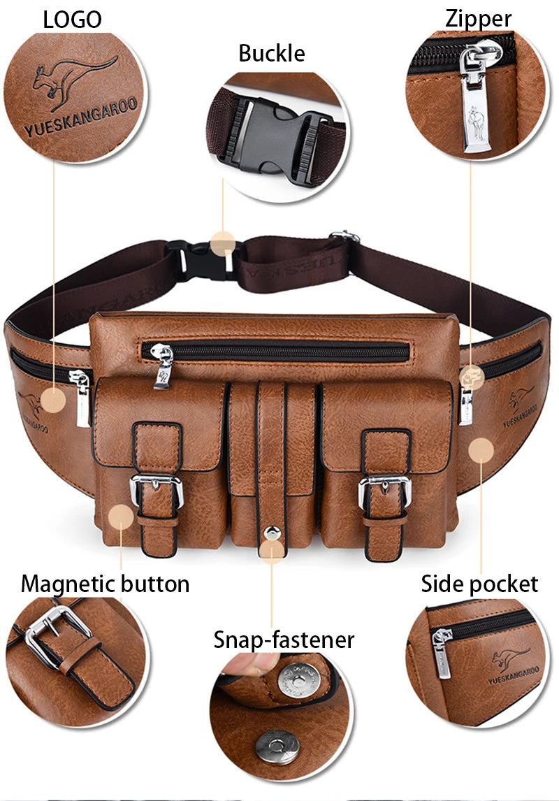 Waist Pack Chest Bag for Man PU Leather Wallet Hip Sack Fanny Pack Cross Shoulder Necessaire Crossbody Side Men'S Belt Bag Male