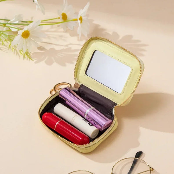 Lipstick Bag Genuine Leather Makeup Case Mini Purse Organizer Women Cosmetic Bag Mirror Lipstick Pocket Coin Wallet