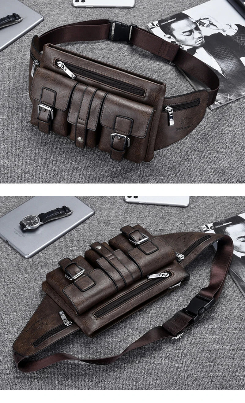 Waist Pack Chest Bag for Man PU Leather Wallet Hip Sack Fanny Pack Cross Shoulder Necessaire Crossbody Side Men'S Belt Bag Male