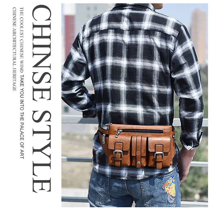 Waist Pack Chest Bag for Man PU Leather Wallet Hip Sack Fanny Pack Cross Shoulder Necessaire Crossbody Side Men'S Belt Bag Male