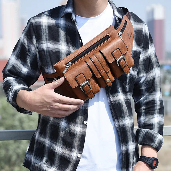 Waist Pack Chest Bag for Man PU Leather Wallet Hip Sack Fanny Pack Cross Shoulder Necessaire Crossbody Side Men'S Belt Bag Male