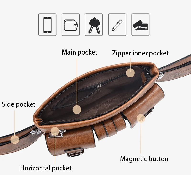 Waist Pack Chest Bag for Man PU Leather Wallet Hip Sack Fanny Pack Cross Shoulder Necessaire Crossbody Side Men'S Belt Bag Male