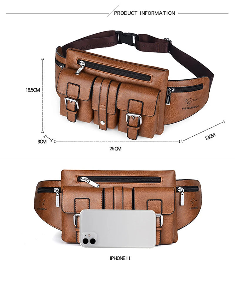 Waist Pack Chest Bag for Man PU Leather Wallet Hip Sack Fanny Pack Cross Shoulder Necessaire Crossbody Side Men'S Belt Bag Male