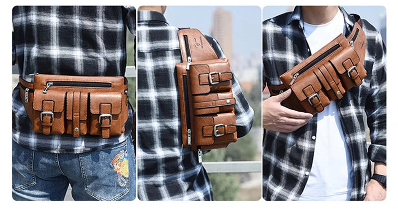 Waist Pack Chest Bag for Man PU Leather Wallet Hip Sack Fanny Pack Cross Shoulder Necessaire Crossbody Side Men'S Belt Bag Male