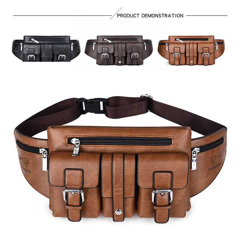 Waist Pack Chest Bag for Man PU Leather Wallet Hip Sack Fanny Pack Cross Shoulder Necessaire Crossbody Side Men'S Belt Bag Male