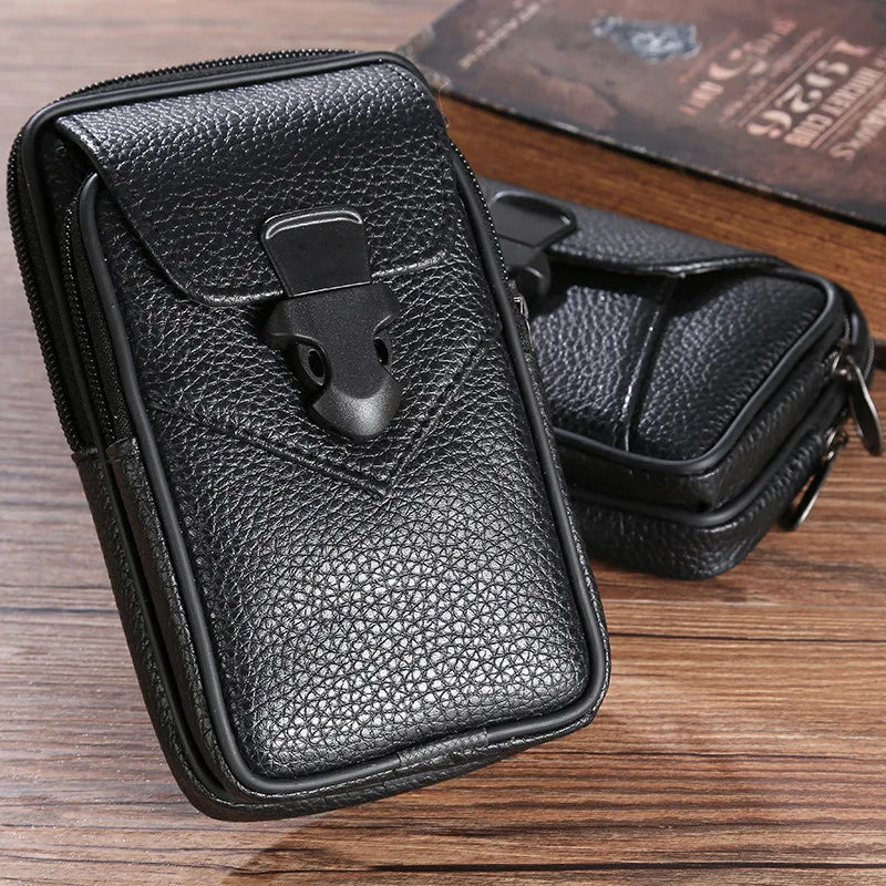 Multifunctional Leather Waist Packs Solid Color Men Business Style Belt Bag Horizontal And Vertical Section Wallet Case Purse